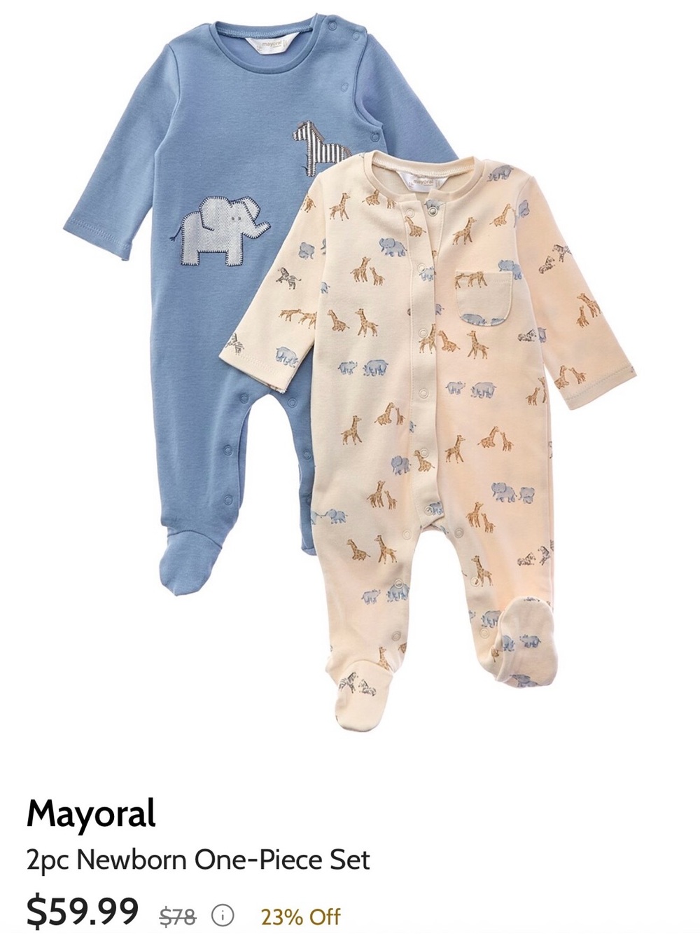 Mayoral Blue & Cream Safari Print Newborn One-Piece Set